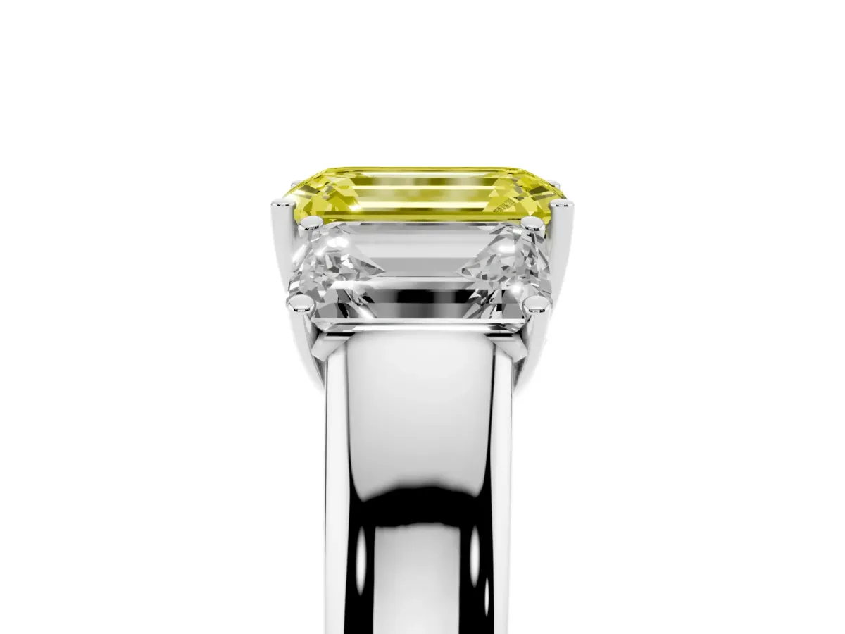 Fancy Yellow Three-Stone Emerald Cut Cut Diamond Ring with Prong Setting and Classic Band Platinum