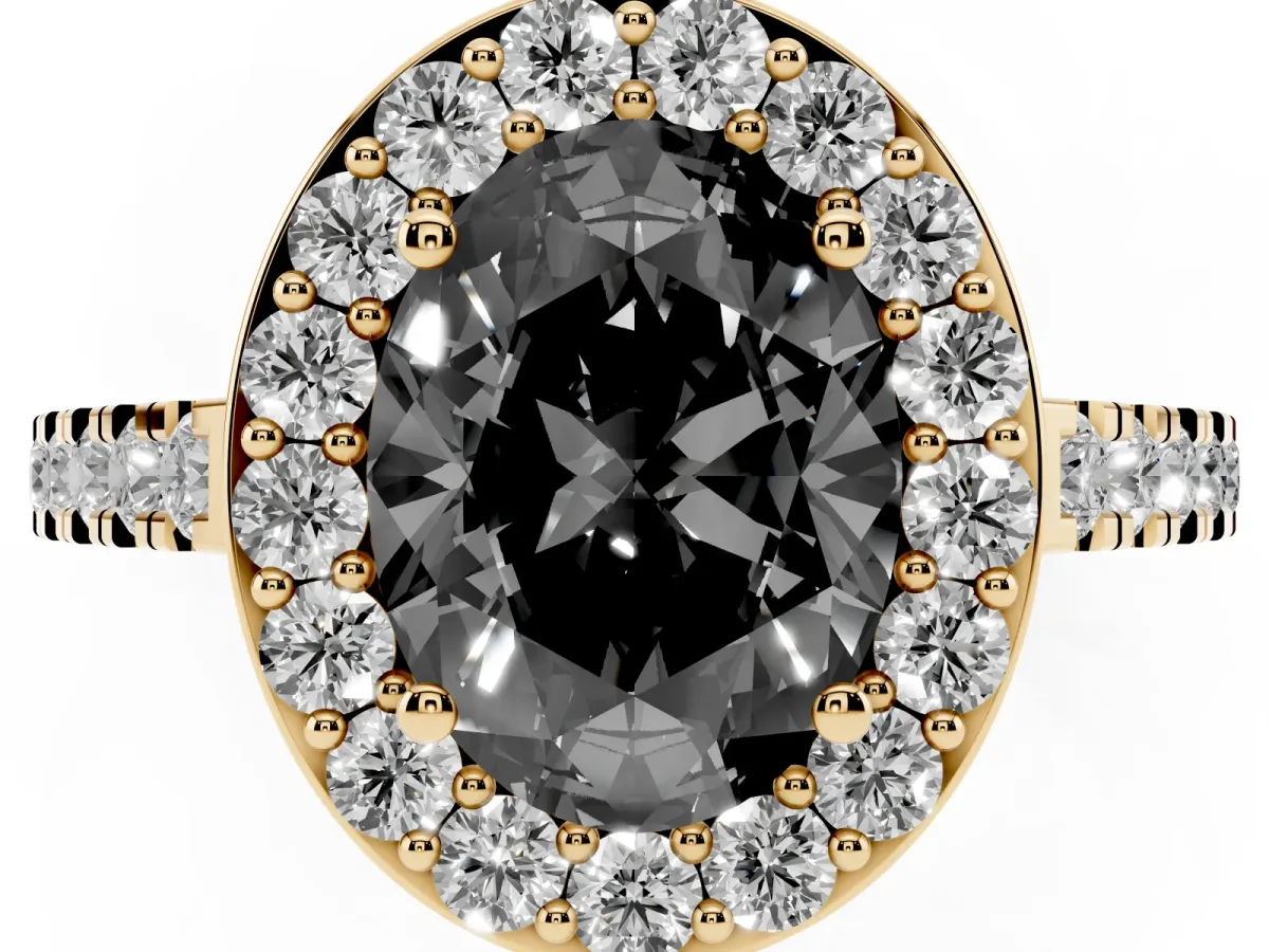 Fancy Black Oval Cut Diamond Halo Ring with Round Pavé Split Shank and Prong Setting Yellow gold