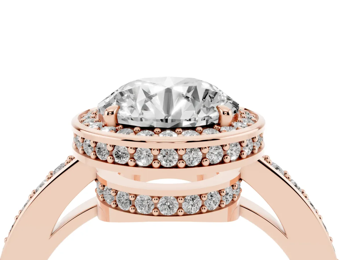 Round Cut Halo Pave Band Solitaire Ring with Prong Setting Rose gold