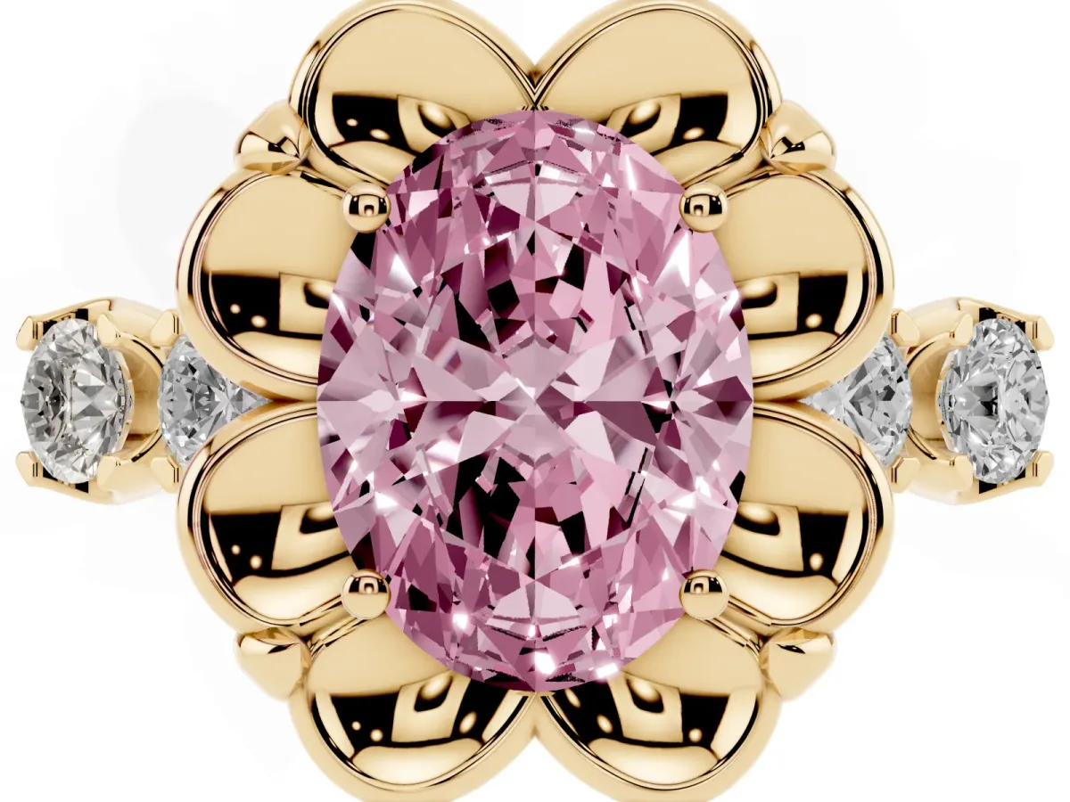 Fancy Pink Oval Cut Cut Diamond Floral Halo Engagement Ring with Shared Prong Setting Yellow gold