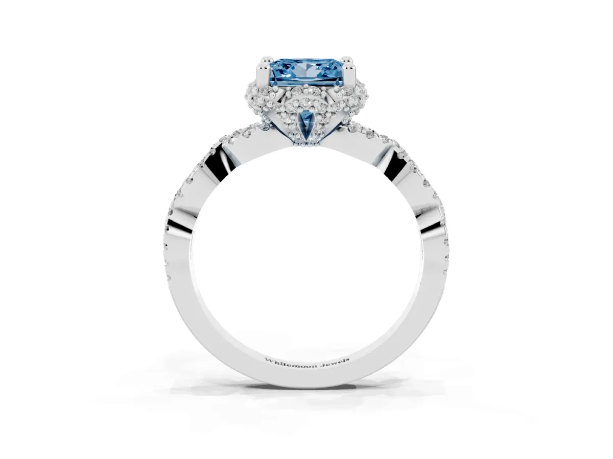 Fancy Blue Princess Cut Halo Twist Band Solitaire Ring with Six-Prong Setting Platinum