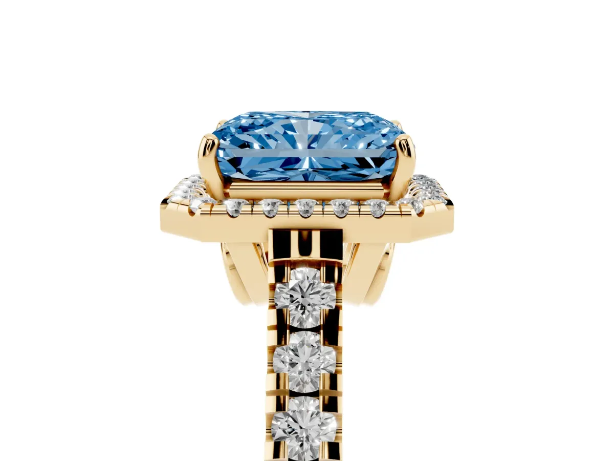 Fancy Blue Radiant Cut Halo Pavé Diamond Engagement Ring with Four-Prong Setting Yellow gold