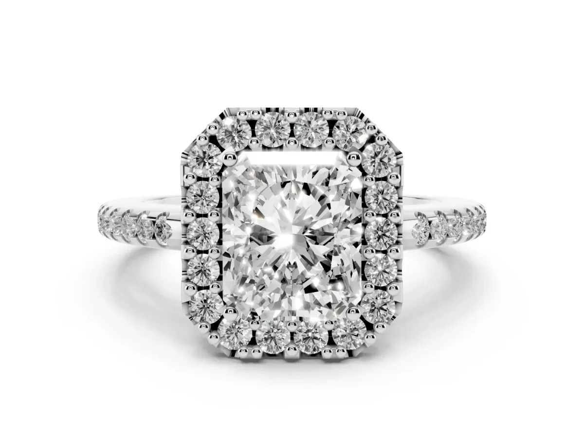 Radiant Cut Diamond Pavé Halo Ring with Four-Prong Setting Silver