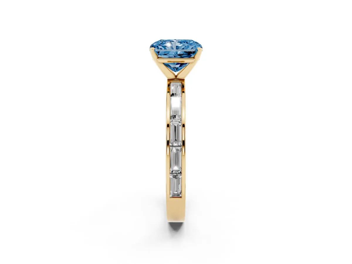 Fancy Blue Radiant Cut Solitaire Diamond Ring with Channel-Set Baguette Band and Four-Prong Setting Yellow gold