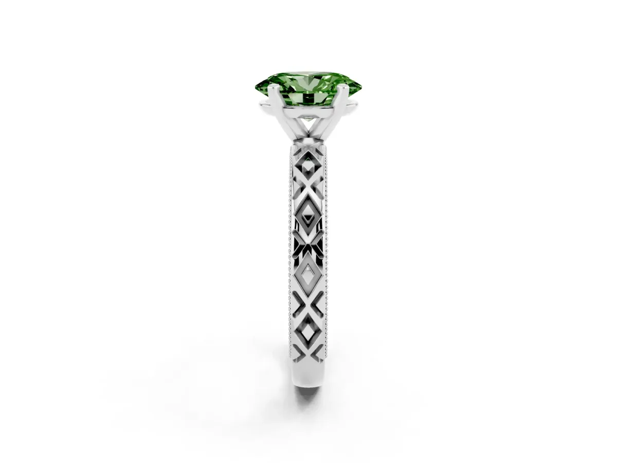 Fancy Green Oval Cut Solitaire Diamond Ring with Milgrain and Black Enamel X Pattern Band Silver