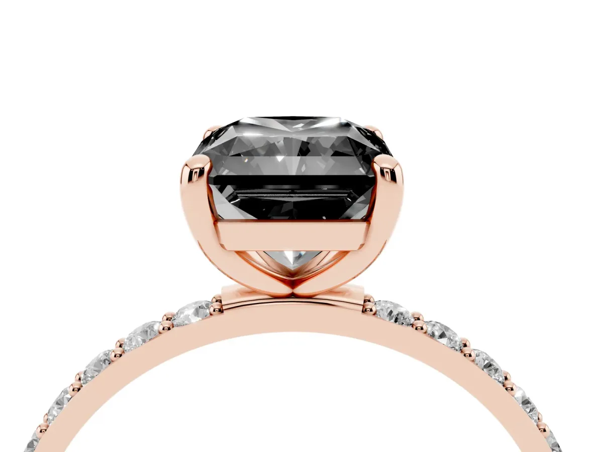 Fancy Black Radiant Cut Diamond Solitaire Ring with Round Pavé Band and Prong Setting Rose gold