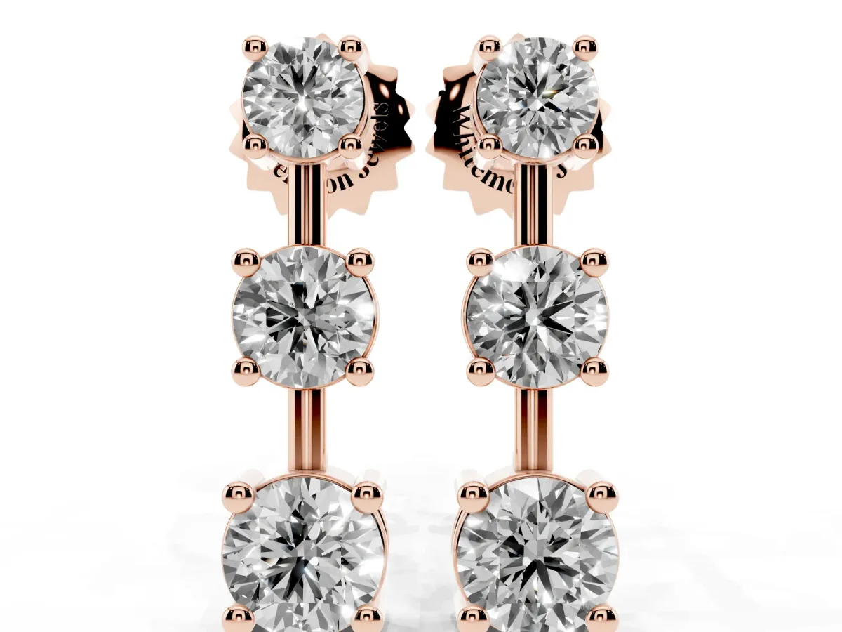 Three-Stone Round Cut Drop Earrings with Prong Setting Rose gold
