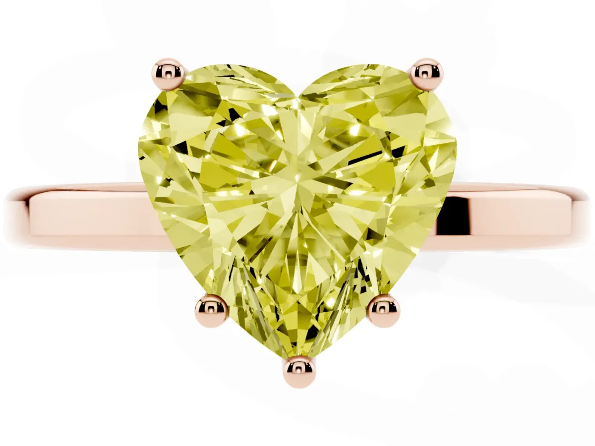 Fancy Yellow Heart Cut Cut Solitaire Engagement Ring with Four-Prong Setting on a Classic Band Rose gold