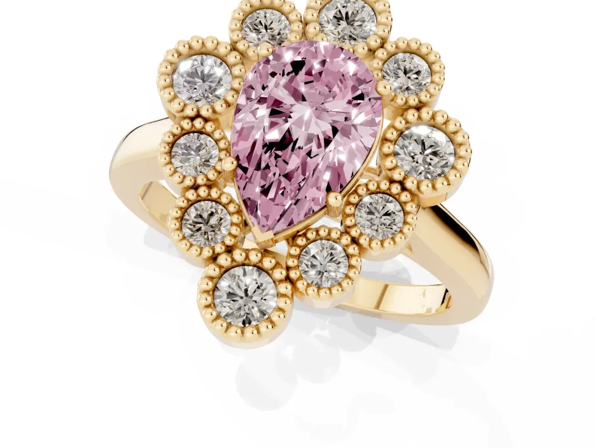 Fancy Pink Pear Cut Halo Diamond Cluster Engagement Ring with Milgrain Bezel Setting and Solitaire Band Yellow gold