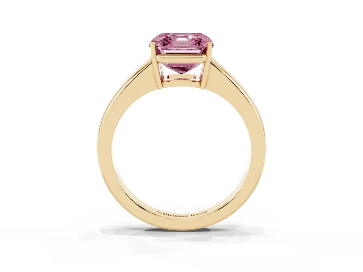 Fancy Pink Asscher Cut Solitaire Diamond Ring with Tapered Band and Four-Prong Setting Yellow gold