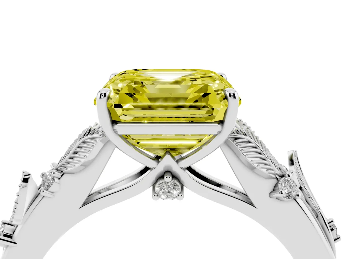 Fancy Yellow Asscher Cut Diamond Solitaire Ring with Leaf Motif Band and Four-Prong Setting Silver