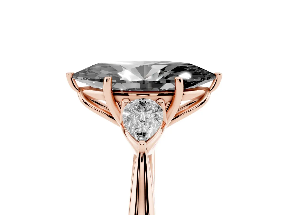 Fancy Black Three-Stone Marquise Cut Brilliant Diamond Solitaire Ring with Tapered Band and Four-Prong Setting Rose gold
