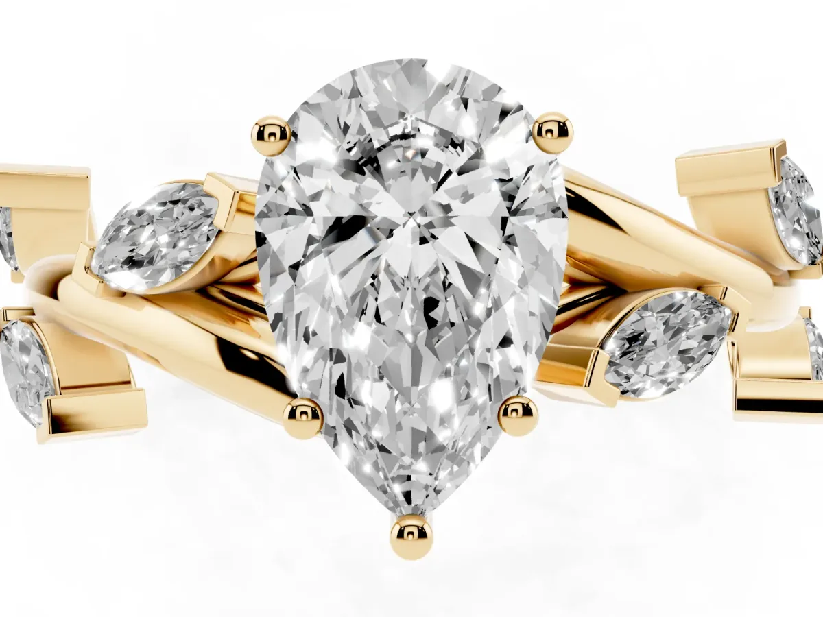 Pear Cut Solitaire Twisted Band Marquise Accent Prong Setting Ring Yellow gold