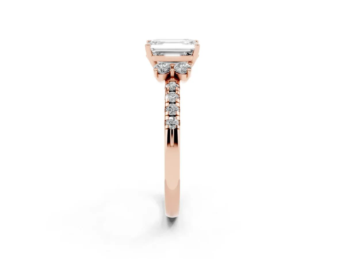Emerald Cut Diamond Three-Stone Pave Band with Four-Prong Setting Rose gold