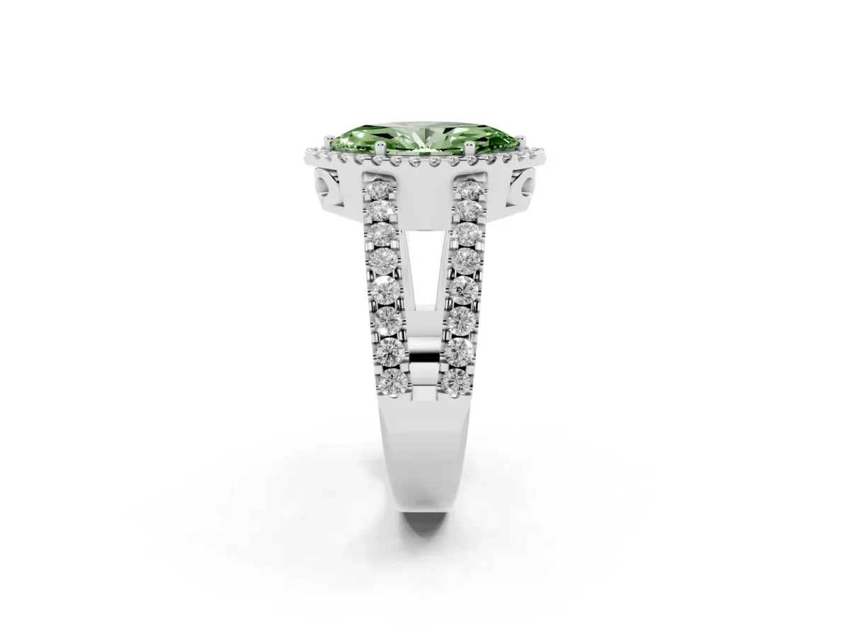 Fancy Green Marquise Cut Cut Halo Split Shank Diamond Ring with Four-Prong Setting Platinum