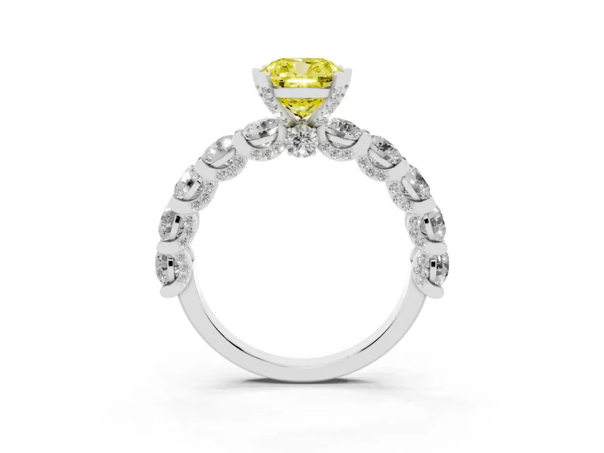 Fancy Yellow Cushion Cut Diamond Side Stone Engagement Ring with Four-Prong Setting White gold