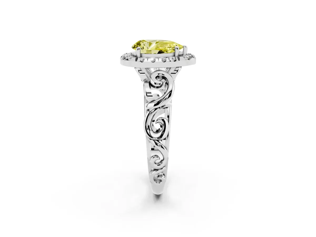 Fancy Yellow Pear Cut Cut Halo Diamond Ring with Scrollwork Band and Four-Prong Setting Silver