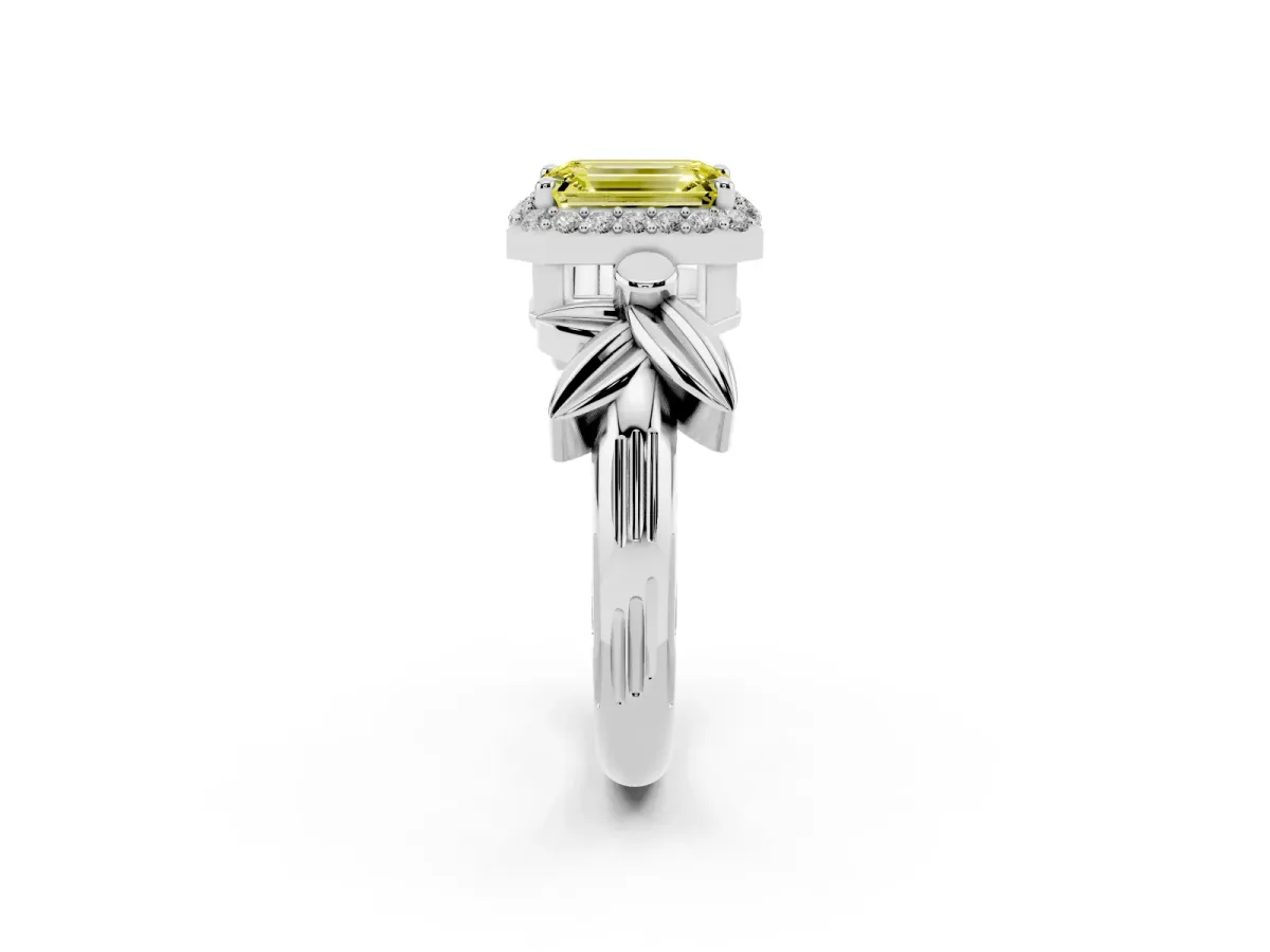 Fancy Yellow Emerald Cut Halo Diamond Floral Band with Four-Prong Setting Platinum