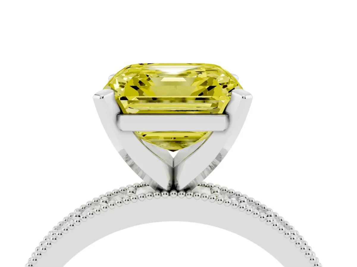 Fancy Yellow Asscher Cut Diamond Milgrain Pavé Engagement Ring with Four-Prong Setting Silver