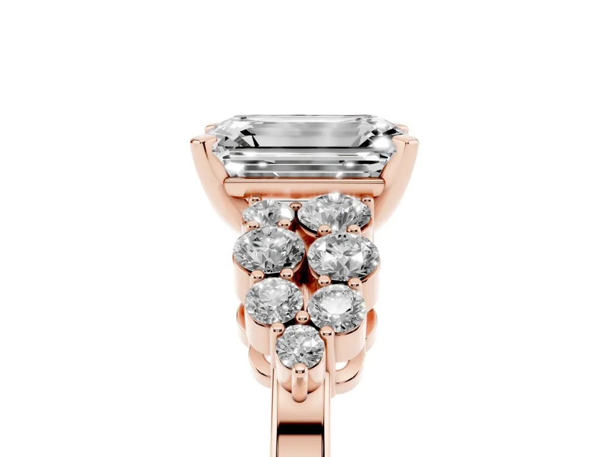 Emerald Cut Cluster Diamond Engagement Ring with Pavé Band and Four-Prong Setting Rose gold