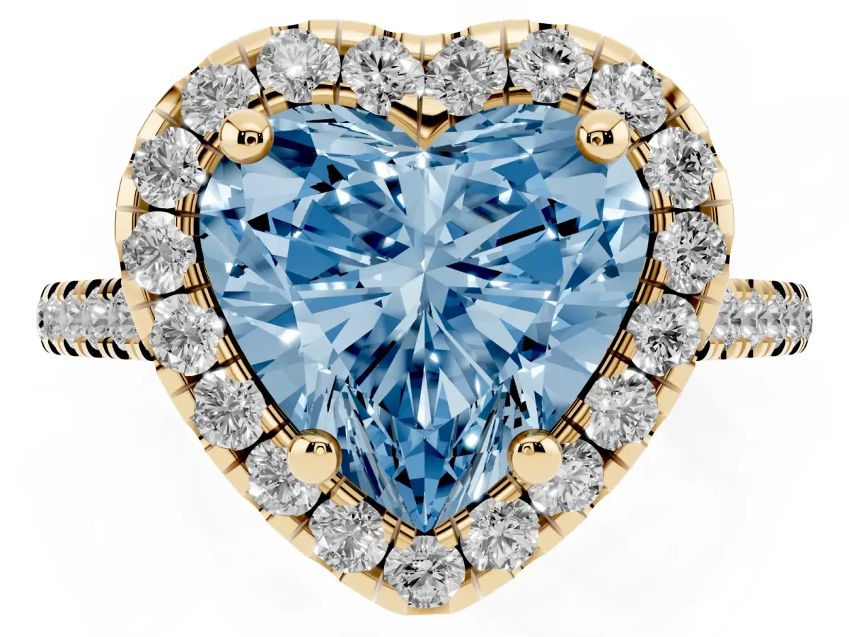 Fancy Blue Heart Cut Diamond Cushion Halo Ring with Pavé Band Yellow gold