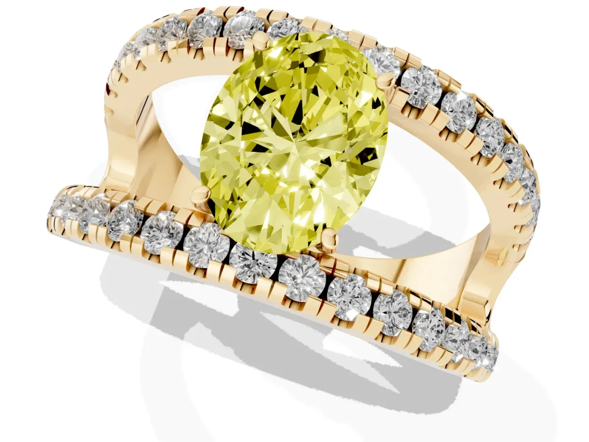 Fancy Yellow Oval Cut Solitaire Split Shank Pave Diamond Ring Yellow gold