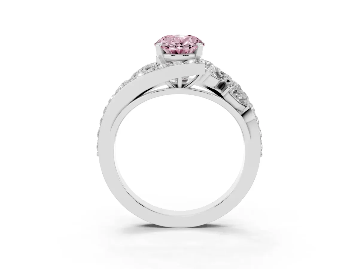 Fancy Pink Oval Cut Diamond Halo Ring with Marquise and Pavé Band in Prong Setting White gold