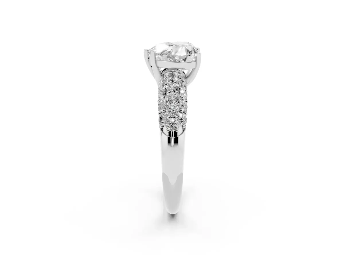 Heart Cut Diamond Pavé Band Solitaire Ring with Four-Prong Setting Silver