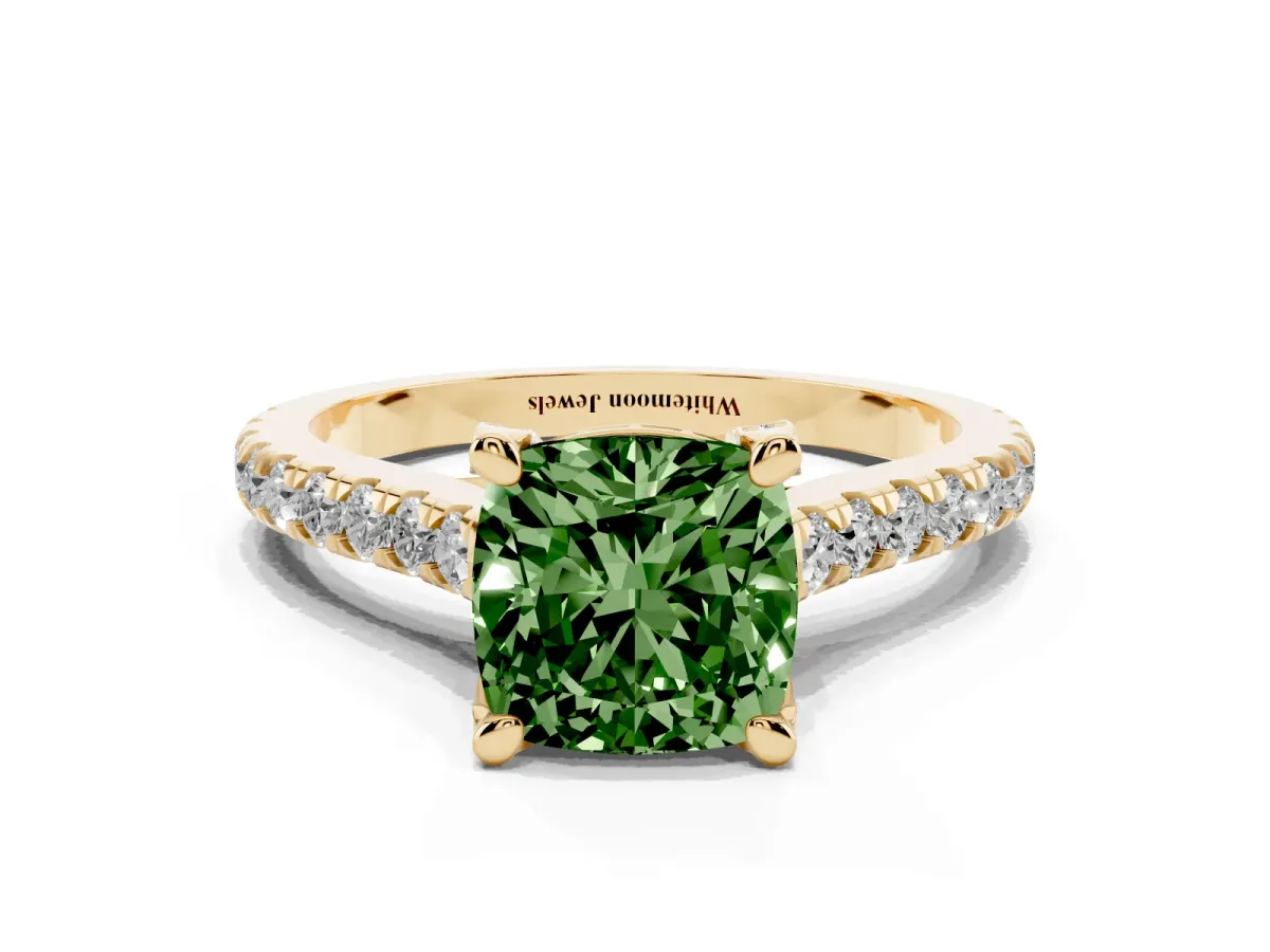 Fancy Green Cushion Cut Brilliant Diamond Solitaire with Pavé Band and Four-Prong Setting Yellow gold