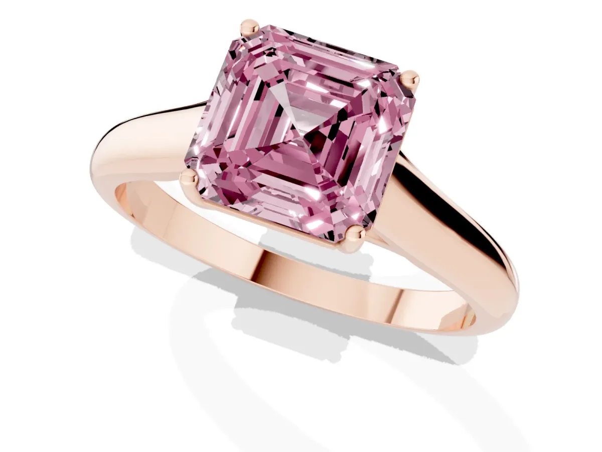 Fancy Pink Asscher Cut Solitaire Engagement Ring with Tapered Band and Four-Prong Setting Rose gold