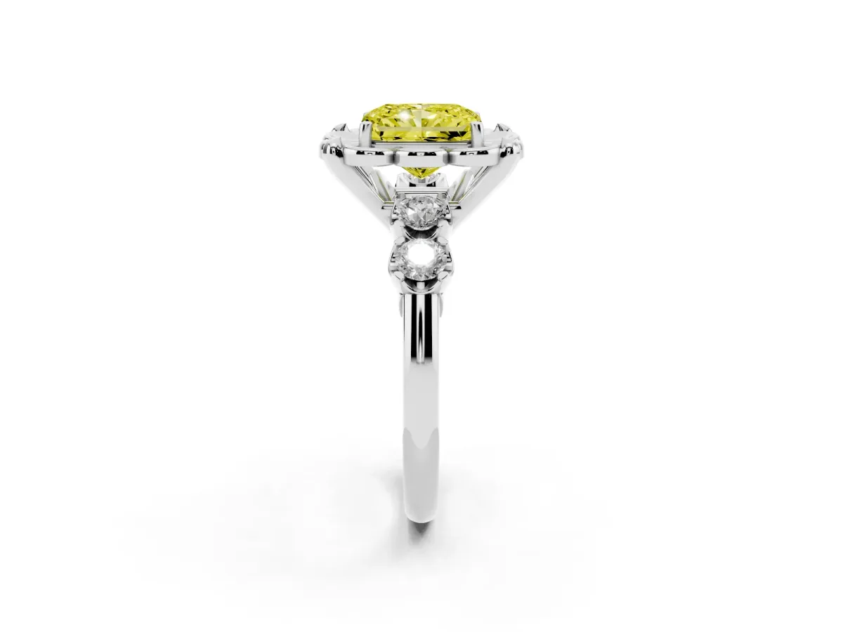 Fancy Yellow Radiant Cut Cut Diamond Floral Halo Engagement Ring with Shared Prong Setting White gold