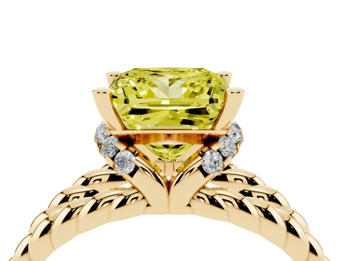 Fancy Yellow Princess Cut Halo Twisted Band Four-Prong Ring Yellow gold