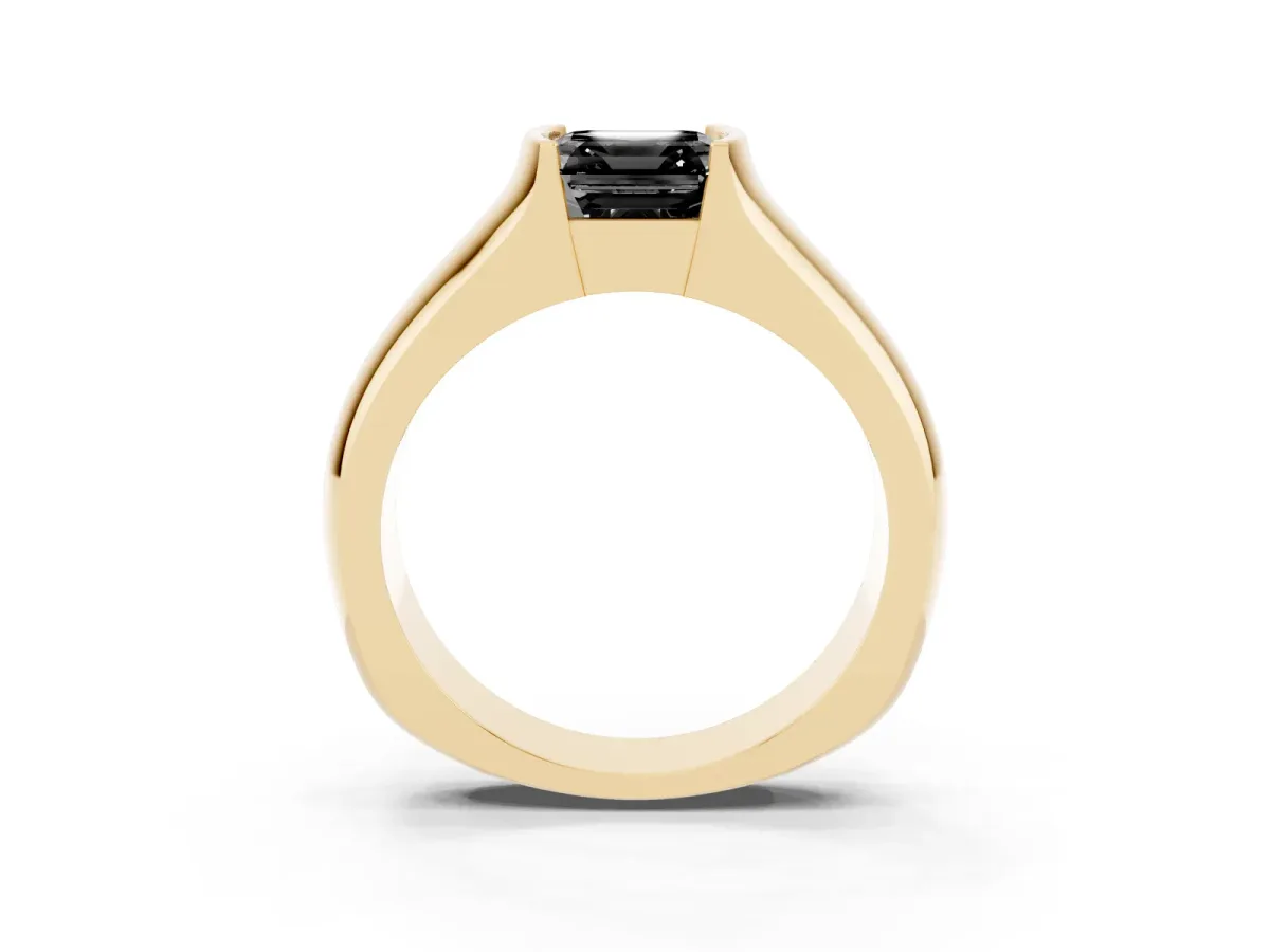 Fancy Black Asscher Cut Solitaire Bezel Set Diamond Ring with Wide Band Yellow gold