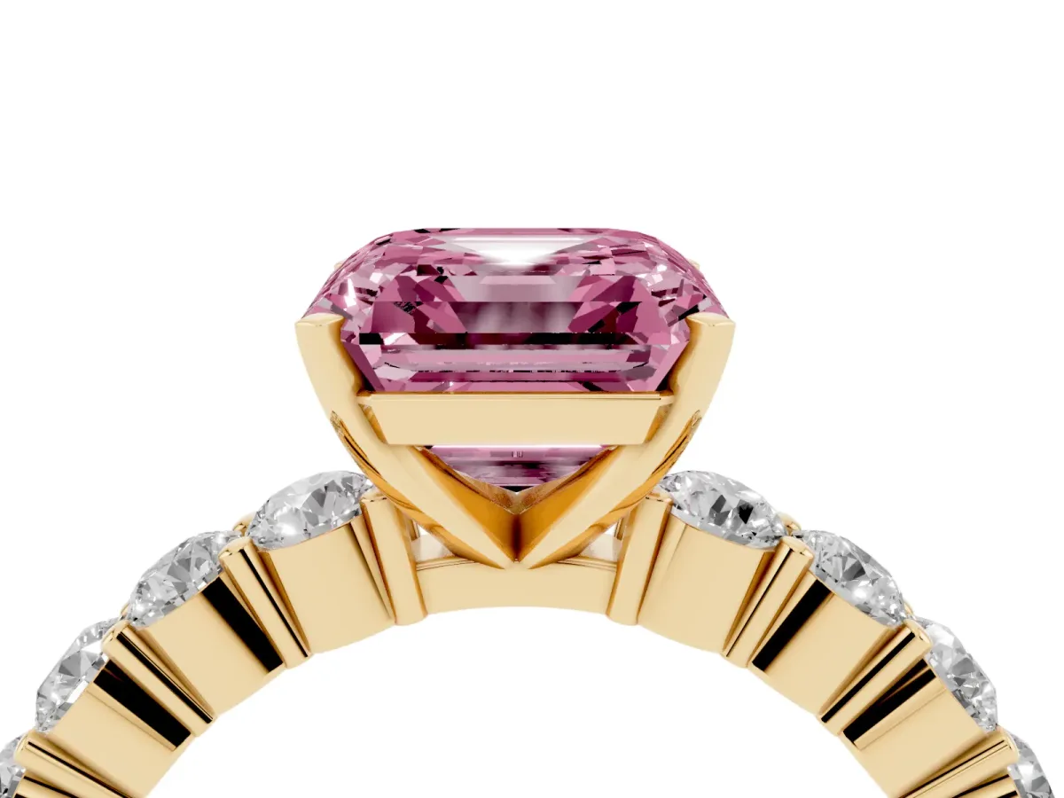 Fancy Pink Asscher Cut Diamond Solitaire Ring with Shared Prong Round Side Stones Yellow gold
