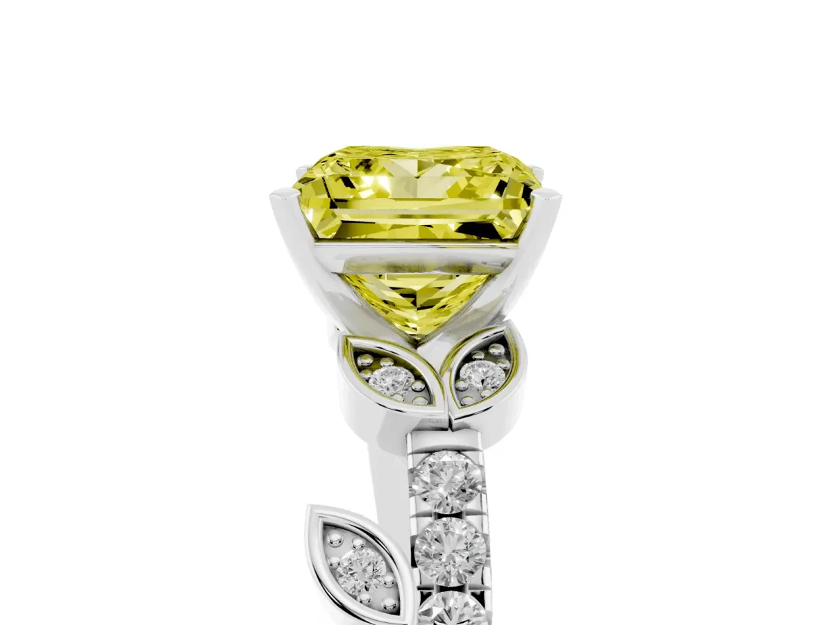 Fancy Yellow Princess Cut Solitaire Leaf-Inspired Diamond Ring with Pavé Band and Four-Prong Setting Platinum