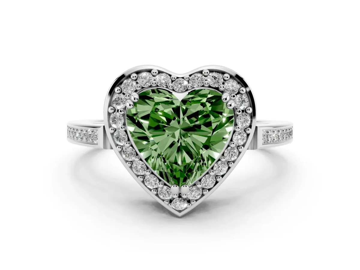 Fancy Green Heart Cut Diamond Halo Ring with Split Shank and Four-Prong Setting Silver