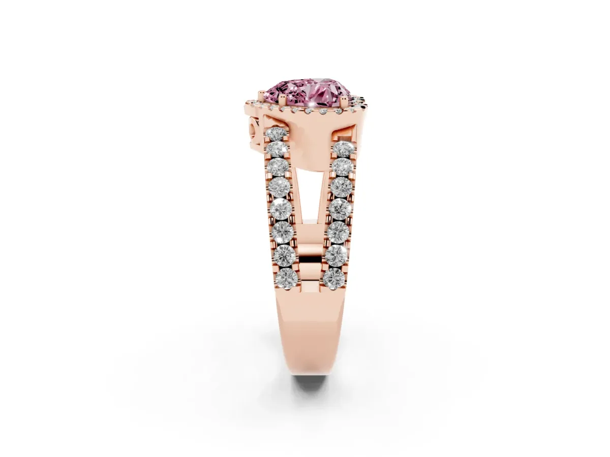 Fancy Pink Heart Cut Cut Halo Split Shank Diamond Ring with Four-Prong Setting Rose gold
