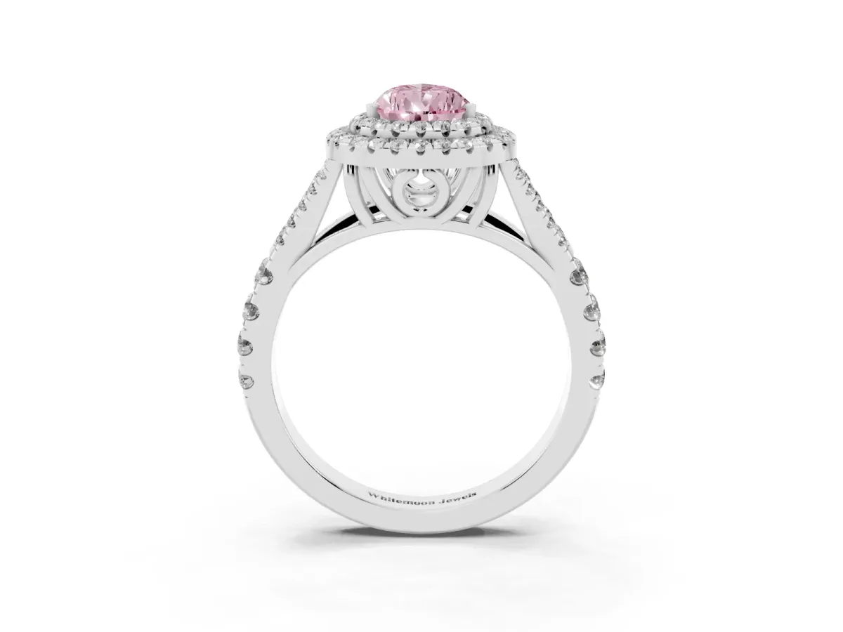 Fancy Pink Pear Cut Cut Double Halo Split Shank Diamond Ring with Prong Setting Silver
