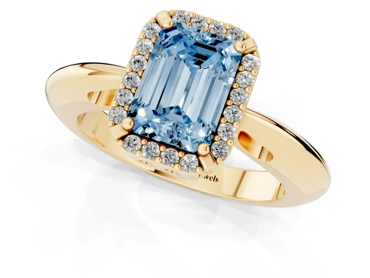 Fancy Blue Emerald Cut Cut Diamond Halo Engagement Ring with Split Shank and Four-Prong Setting Yellow gold