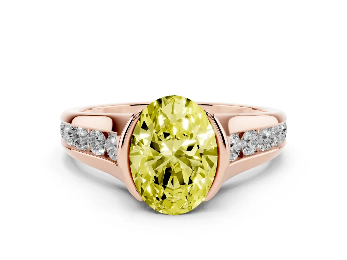 Fancy Yellow Oval Cut Solitaire Bezel-Set Diamond Ring with Channel-Set Band Rose gold