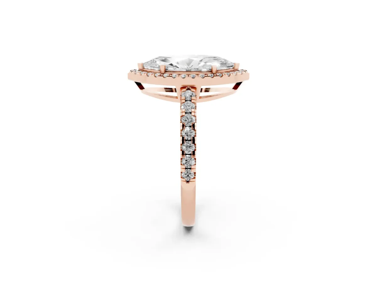 Marquise Cut Diamond Halo Ring with Pavé Band and Four-Prong Setting Rose gold