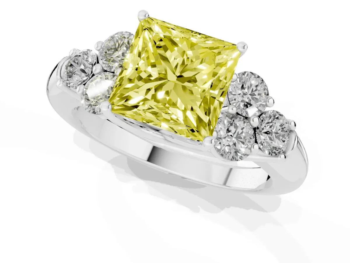 Fancy Yellow Princess Cut Cut Diamond Cluster Ring with Round Accent Stones and Prong Setting on a Classic Band White gold