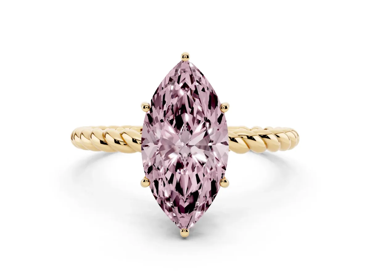 Fancy Pink Marquise Cut Solitaire Twist Band Ring with Four-Prong Setting Yellow gold