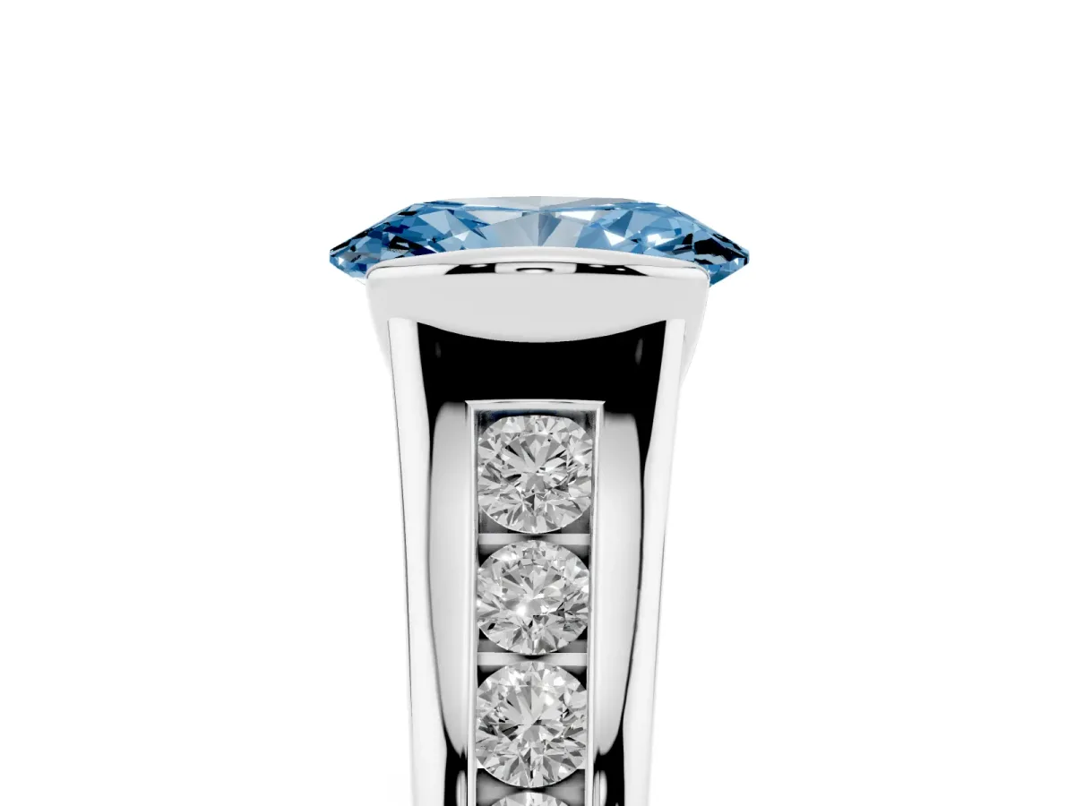 Fancy Blue Oval Cut Solitaire Bezel-Set Diamond Ring with Channel-Set Band Platinum