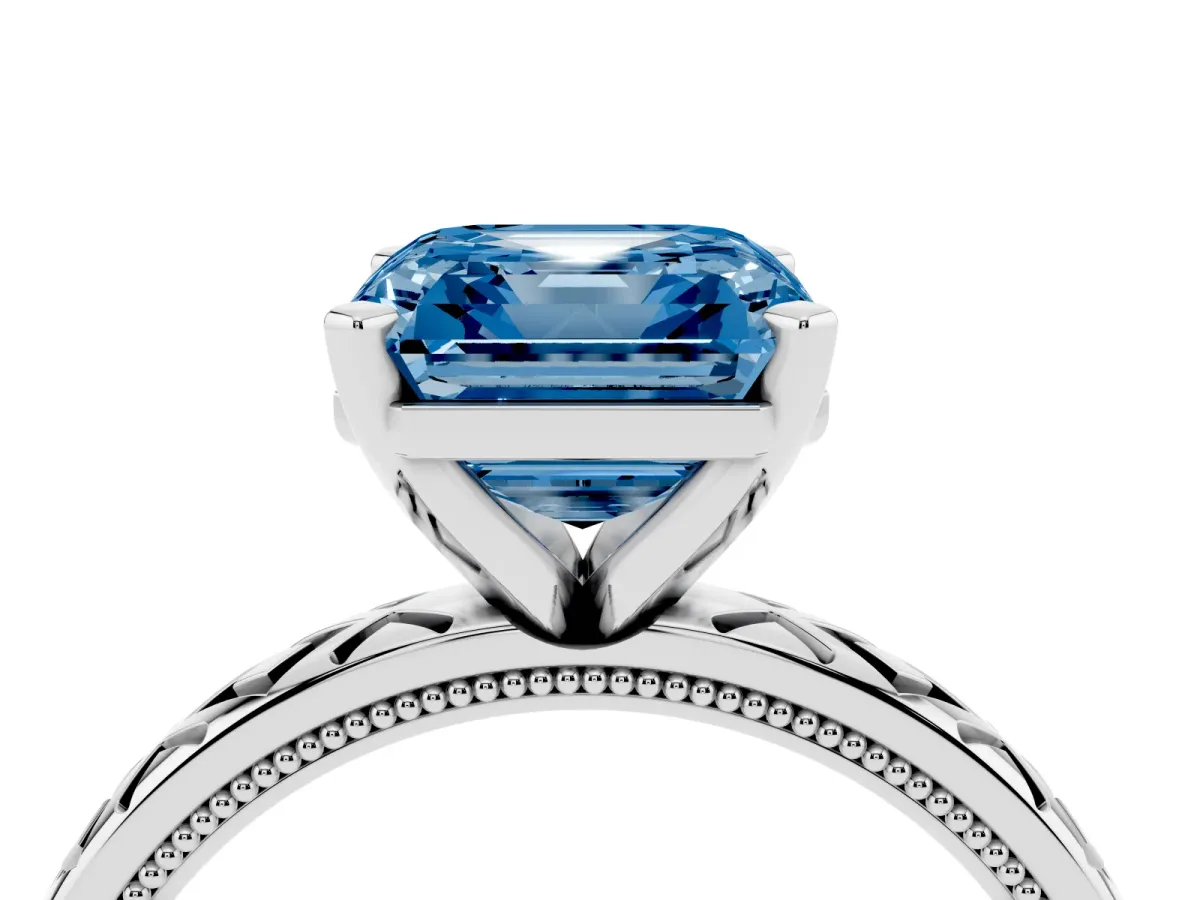 Fancy Blue Asscher Cut Solitaire Diamond Ring with Milgrain and Black Enamel X Pattern Band Silver