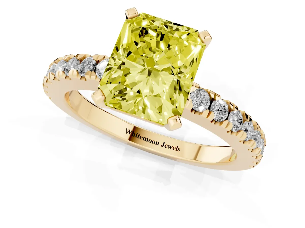 Fancy Yellow Radiant Cut Solitaire Diamond with Pavé Band and Four-Prong Setting Yellow gold