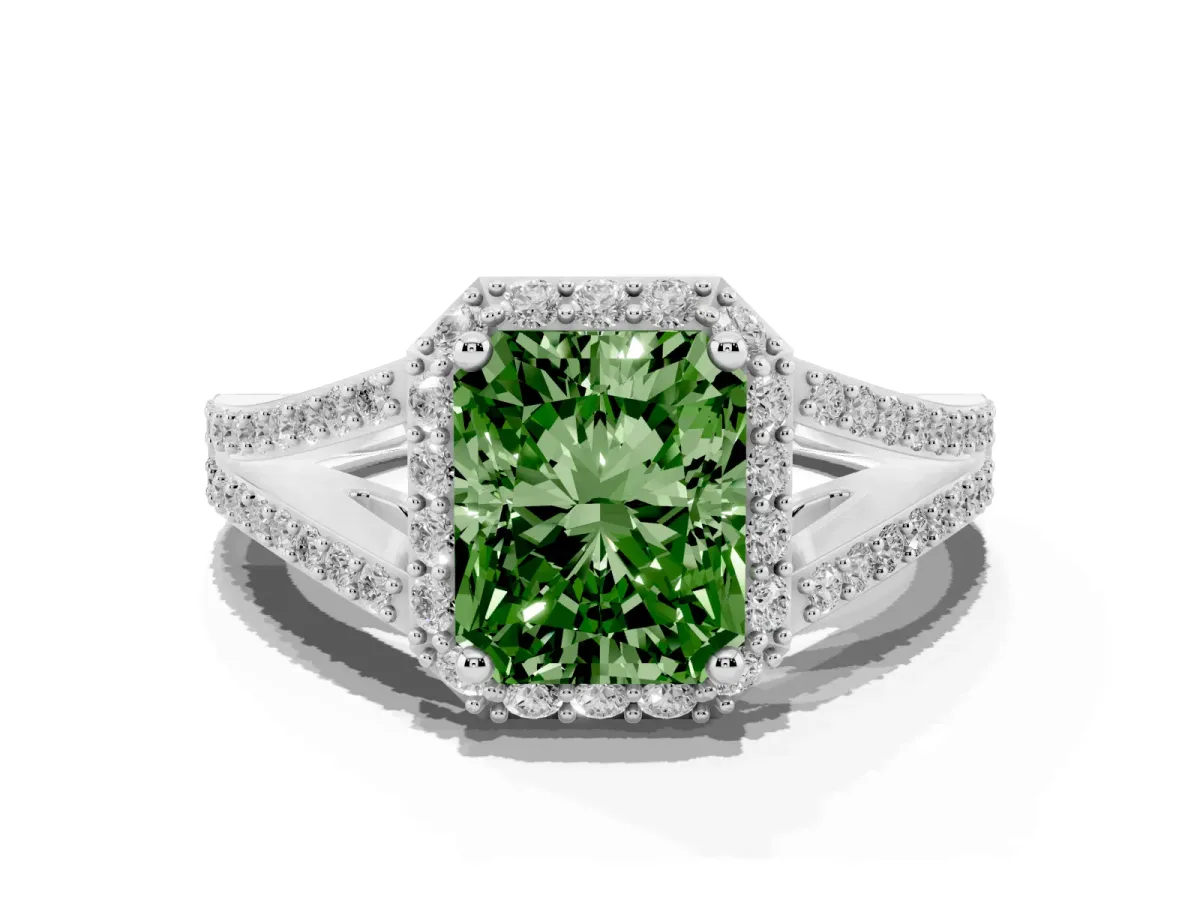 Fancy Green Radiant Cut Halo Split Shank Pave Diamond Ring with Four-Prong Setting Platinum
