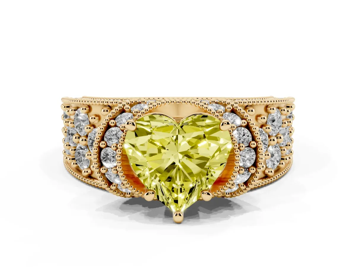 Fancy Yellow Heart Cut Halo Pave Diamond Engagement Ring with Milgrain Detailing Yellow gold