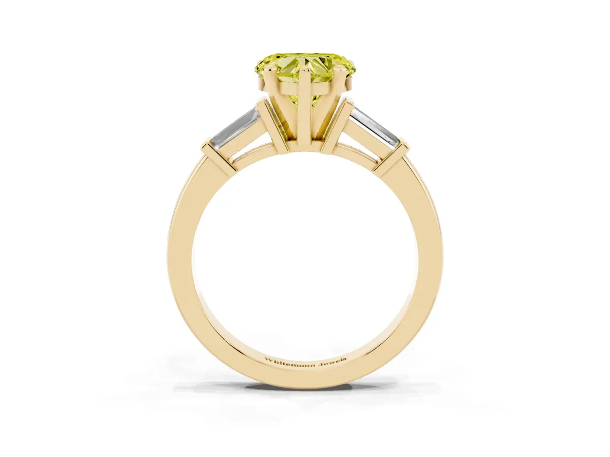 Fancy Yellow Heart Cut Cut Diamond Solitaire Ring with Tapered Baguette Accents and Four-Prong Setting Yellow gold