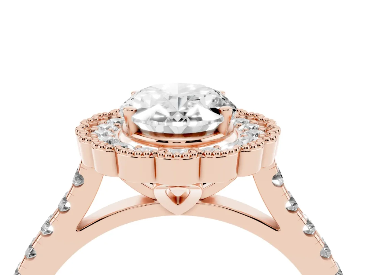 Oval Cut Cut Diamond Milgrain Floral Halo Engagement Ring with Pavé Band Rose gold